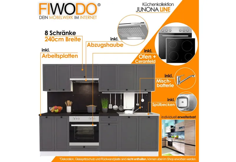 FIWODO.de - Dein Möbelwerk im Internet Küche Küchenzeile 240cm mit Elektrogeräten komplett Spülbecken Arbeitsplatte, (Set), mit E-Geräten, Breite 240cm, mit Spülbecken, mit Arbeitsplatte, Grau, – Produktbild 2 von 5
