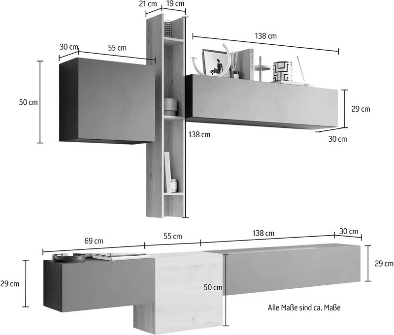 Home affaire Wohnwand Infinity, 6tlg. Breite 262 cm, Höhe variabel, Schrankwand, Anbauwand, (6-St), (Lowboard hängend, 2x Hängeschrank, 2x Hängewürfel, Wandregal), Grau, – Produktbild 4 von 4
