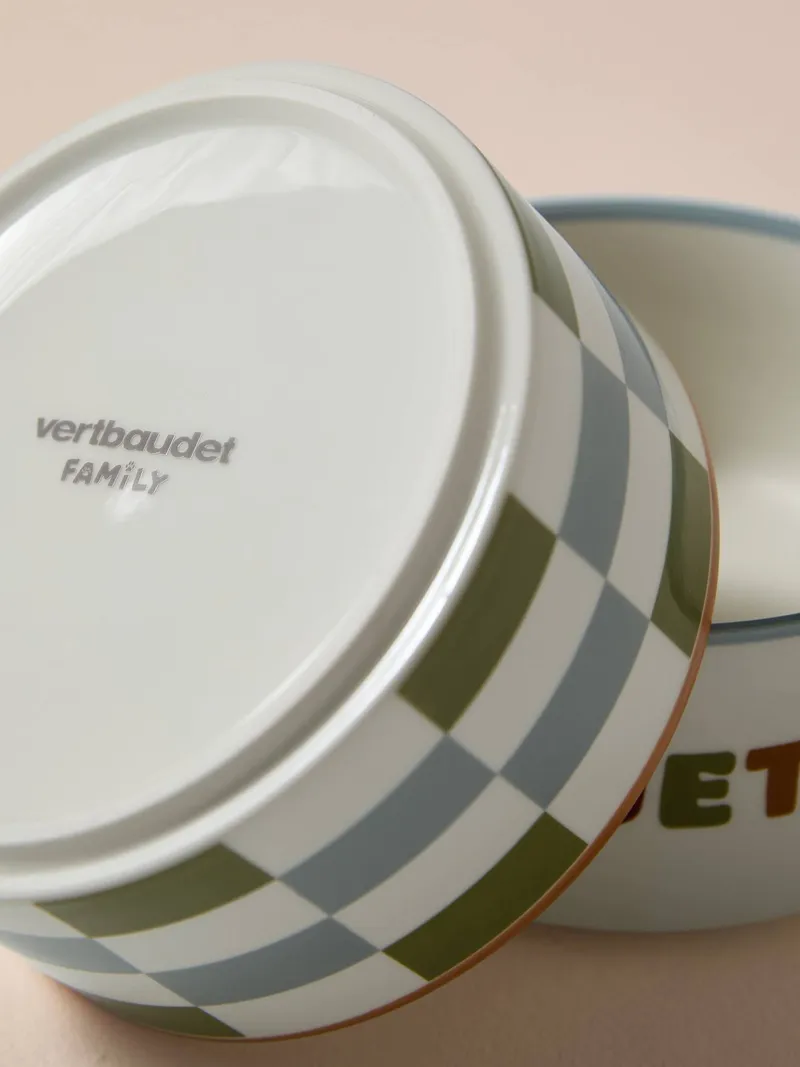 Vertbaudet 2er-Set Keramiknäpfe mit Schachbrettmuster für kleine bis mittelgroße Hunde, Weiß bedruckt, – Produktbild 2 von 4