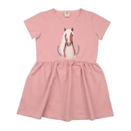 Walkiddy Walkiddy Kinder Kleid GOTS-zertifiziert aus Bio-Baumwolle, pink mit Little & Big Horses-Motiv, kurzarm, schwingender Rock – Produktbild 1 von 1