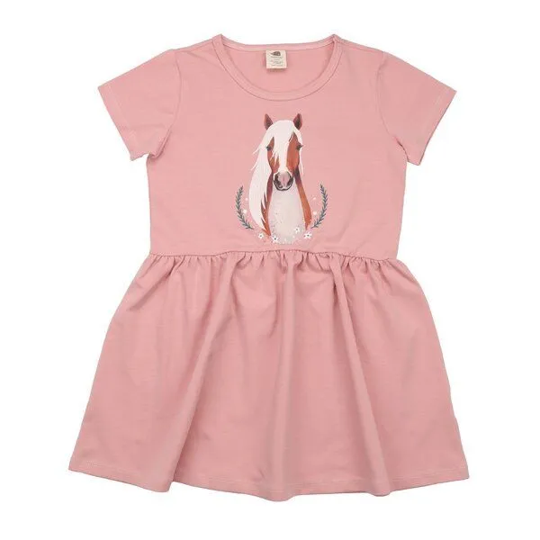 Walkiddy Walkiddy Kinder Kleid GOTS-zertifiziert aus Bio-Baumwolle, pink mit Little & Big Horses-Motiv, kurzarm, schwingender Rock, Pink, – Produktbild 1 von 2