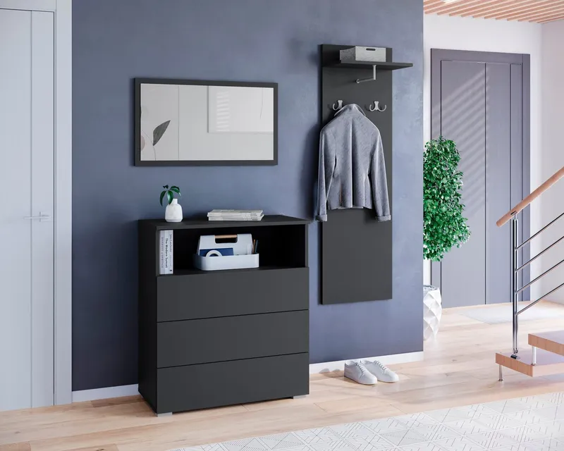 OTTO home Garderoben-Set PARIS/ TOKYO, (Komplett-Set, 3-St), Garderoben- Set Breite 140cm, hochkant oder quer montierbar Spiegel, Schwarz, – Produktbild 1 von 4