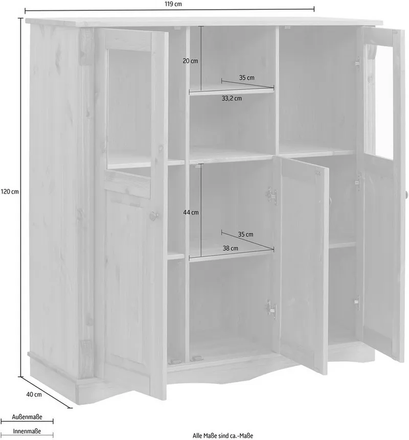 OTTO home Highboard Teresa (Maße (B/T/H): 119/40/120 cm), Vitrine, Türen mit Glaseinsätzen, aus massiver Kiefer, FSC®, Weiß, – Produktbild 5 von 5