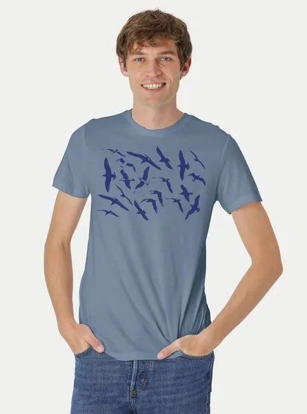 Peaces.bio - handbedruckte Biomode Peaces.bio - handbedruckte Biomode Fit T-Shirt Möwen Herren, Blaugrau, – Produktbild 1 von 2