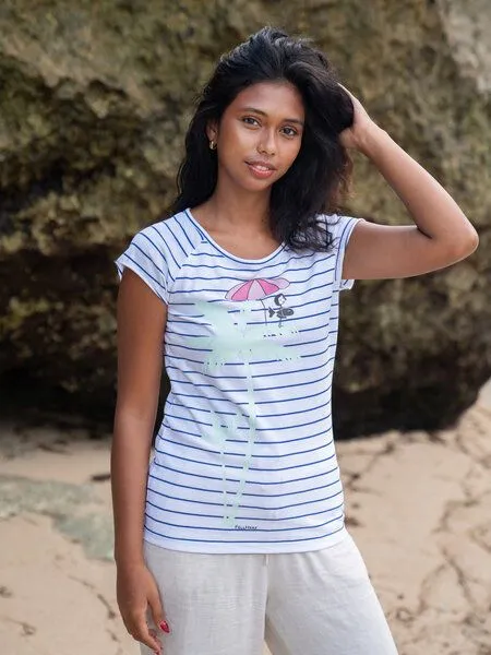 FellHerz FellHerz Damen T-Shirt Palm Tree striped blue white Bio Fair und Vegan – Produktbild 1 von 4