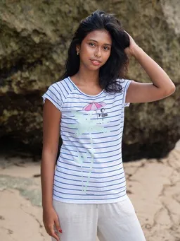 FellHerz FellHerz Damen T-Shirt Palm Tree striped blue white Bio Fair und Vegan – Produktbild 1 von 1