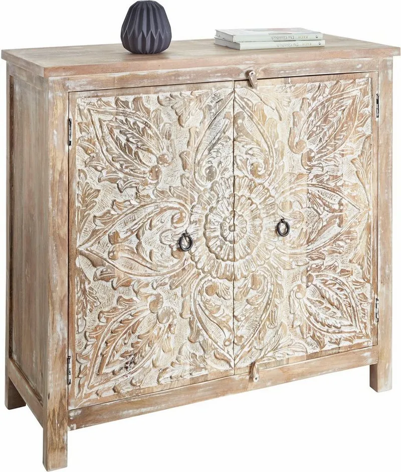 OTTO home Kommode Malati Highboard mit 2 Türen, 2 Fächer und dekorativer Fräsung, Handgefertigt mit dekorativen Fräsungen, mit Metallgriffen, Beige, – Produktbild 2 von 5