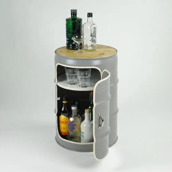Lockengelöt Lockengelöt Minibar mit Tür aus einem kleinen Ölfass, Grau, – Produktbild 4 von 4