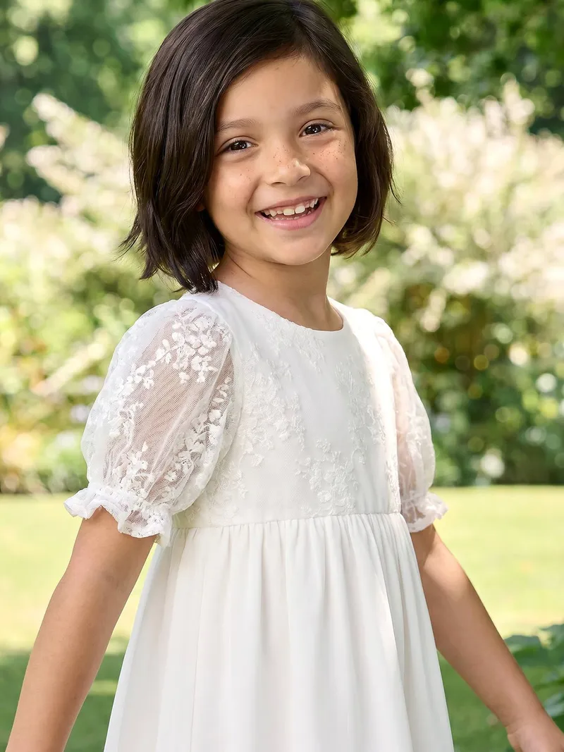 Vertbaudet Vertbaudet Festliches Kleid mit Spitzenärmeln Mädchen, Weiß, – Produktbild 2 von 4