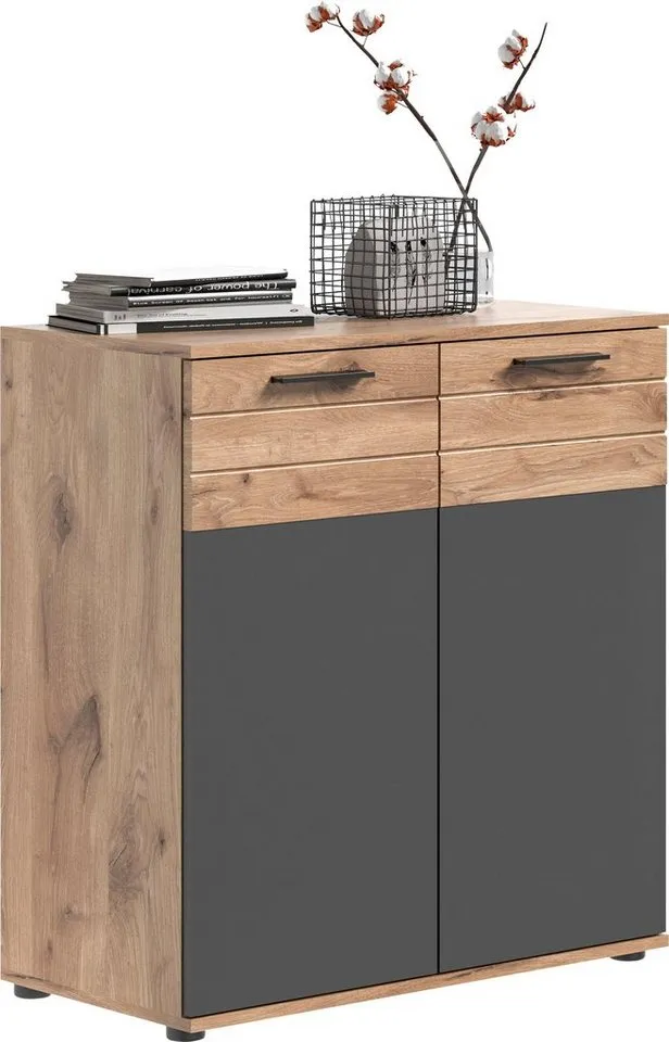 Home affaire Sideboard Riga, Breite 90 cm, 2 Türen mit Softclose, 4 Einlegeböden, 6 Fächer, hochwertige Rillenfräsung, Schuhkommode, Kommode, Anrichte, Schrank, Grau, – Produktbild 2 von 5