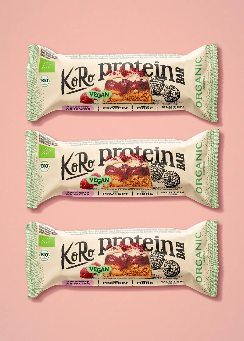 KoRo Vegan Bio Protein Bar Raspberry White Choc | 3 x 45 g – Produktbild 1 von 5