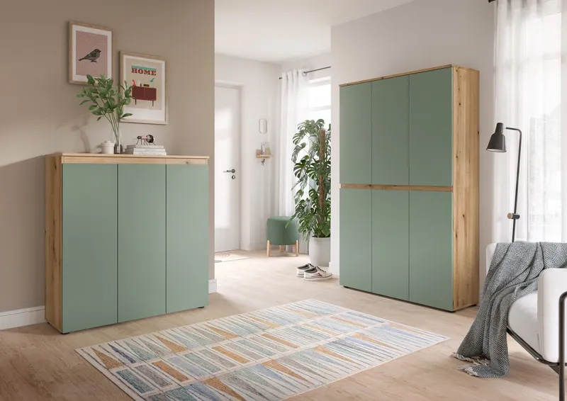 furnling Mehrzweckschrank-Set Sarca - in 5 trendigen Farben, (2-St., bestehend aus Kommode, Universalschrank), 1 Kleiderstange, großzügiger Stauraum durch 28 Fächer, Breite 235 cm, Grün, – Produktbild 2 von 5