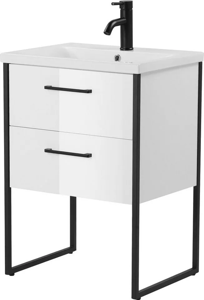 welltime Waschtisch Paris, Breite 60cm, Badmöbel Loft Design, Metall, inkl. Waschbecken, Weiß, – Produktbild 2 von 5