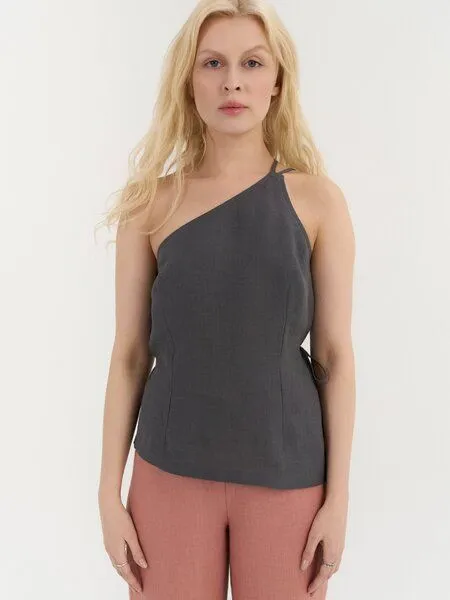 AmourLinen AmourLinen One-Shoulder-Top aus Leinen NINA, Charcoal (schwarz), – Produktbild 2 von 2