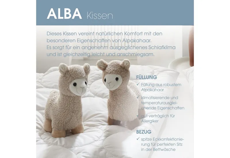 Schlaraffia Kopfkissen ALBA, Alpakahaar, 40x80, weich, Füllung: 100 % Alpakahaar, Bezug: 55 % Lyocell, 45 % Baumwolle, mit 100 % Alpakahaar versteppt, Seitenschläfer, Rückenschläfer, Allergikerfreundlich, klimatisierend, ergonomisch, Weiß, – Produktbild 4 von 5