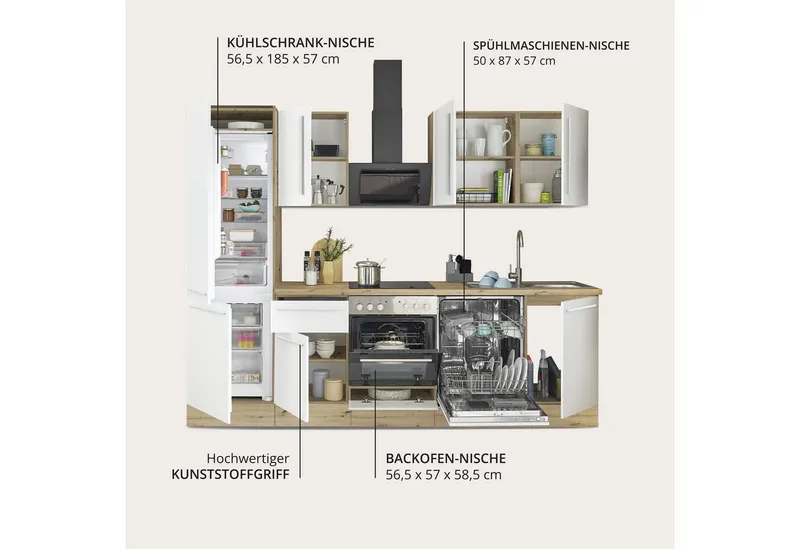 KOCHSTATION Küchenzeile KS-Florida mit 38mm starker Arbeitsplatte, Breite 280 cm, wahlweise mit E-Geräten, Soft-Close-Funktion, Weiß, – Produktbild 5 von 8