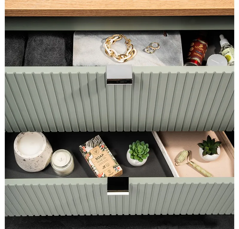 Lomadox Badmöbel-Set NEWPORT-56-GREEN, (Spar-Set, 6-St., Hochschrank Regaleinsatz Spiegel Waschtisch Hängeschränke Badregal), in grün und Eiche, gerillte Front, 80cm Waschtisch, 40cm tief, Grün, – Produktbild 2 von 5