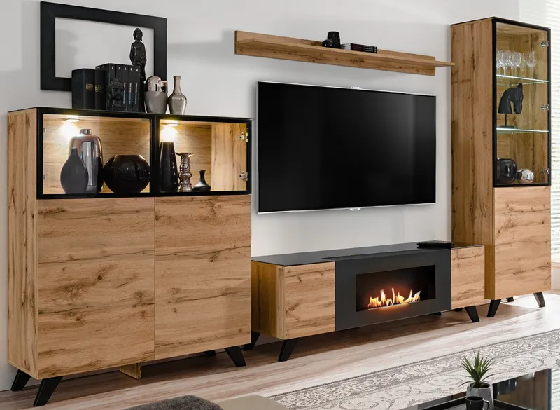 Furn.Design Wohnwand Heritage, (Schrankwand in Wotan Eiche mit Schwarz, 4-teilig, 330 x 197 cm), inklusive Kamin und Beleuchtung, Beige, – Produktbild 5 von 5