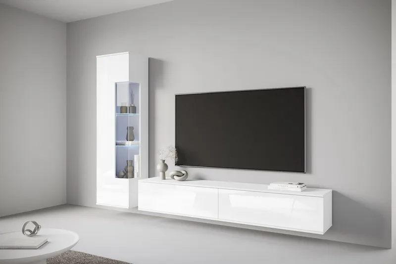 OTTO home Wohnwand Kenia, Vitrine Türanschlag links/rechts wechselbar, (Komplett-Set, 2-St), Vitrine mit Eckverglasung, hängend und stehend montierbar, Weiß, – Produktbild 2 von 5