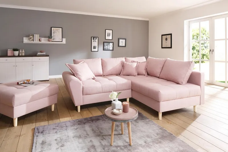 Home affaire Ecksofa Rice L-Form, B: 223 cm - OTTO. Verlässliche Qualität., Set: Sofa & Hocker, 3 Zierkissen, Federkern, Rosa, – Produktbild 2 von 5