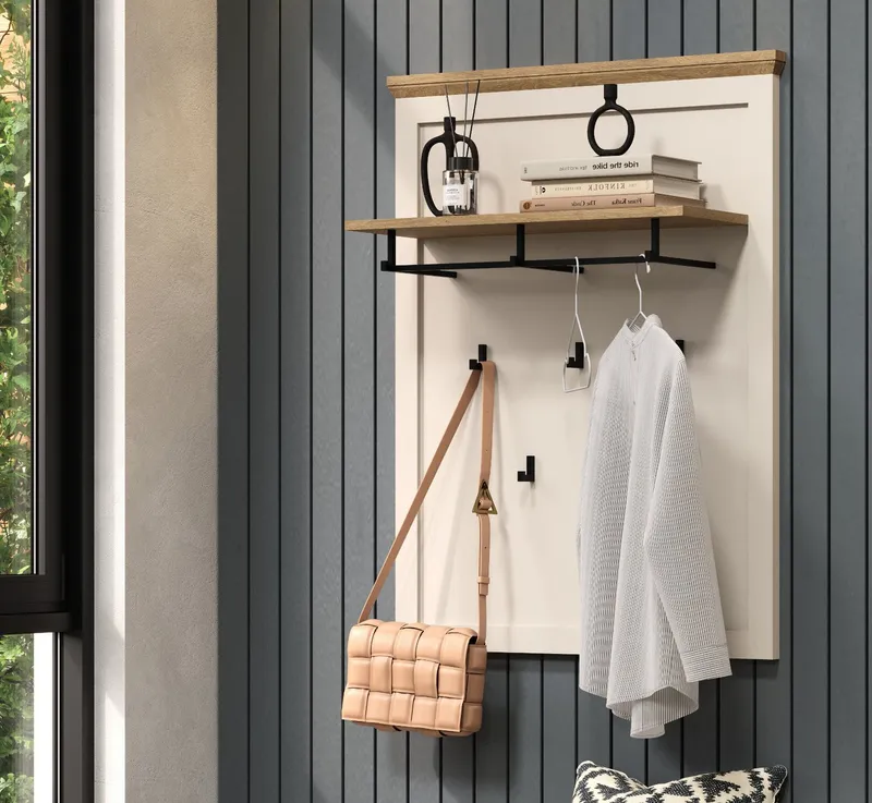 Furn.Design Garderobenpaneel Cozy (Wandgarderobe in Kaschmir mit Eiche, 8 Haken, 76 x 100 cm), stabile Metall-Kleiderstange, Beige, – Produktbild 1 von 5