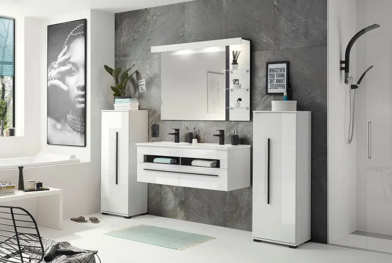 Home affaire Midischrank Cantara, Badschrank in Hochglanz Weiß, Schrank im modernen Design mit schwarzen Griffen, ausreichend Stauraum, Weiß, – Produktbild 5 von 8