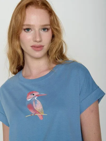 GreenBomb GREENBOMB Bird Look Loony - Sportliches T-Shirt aus Bio-Baumwolle mit Rollup Sleeve / hochwertiger Print / GOTS / Fair & Vegan, Blau (gletscherblau), – Produktbild 2 von 3