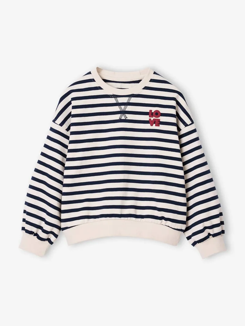 Vertbaudet Sweatshirt mit Streifen und Schriftzug LOVE Mädchen, Wollweiß, – Produktbild 1 von 3