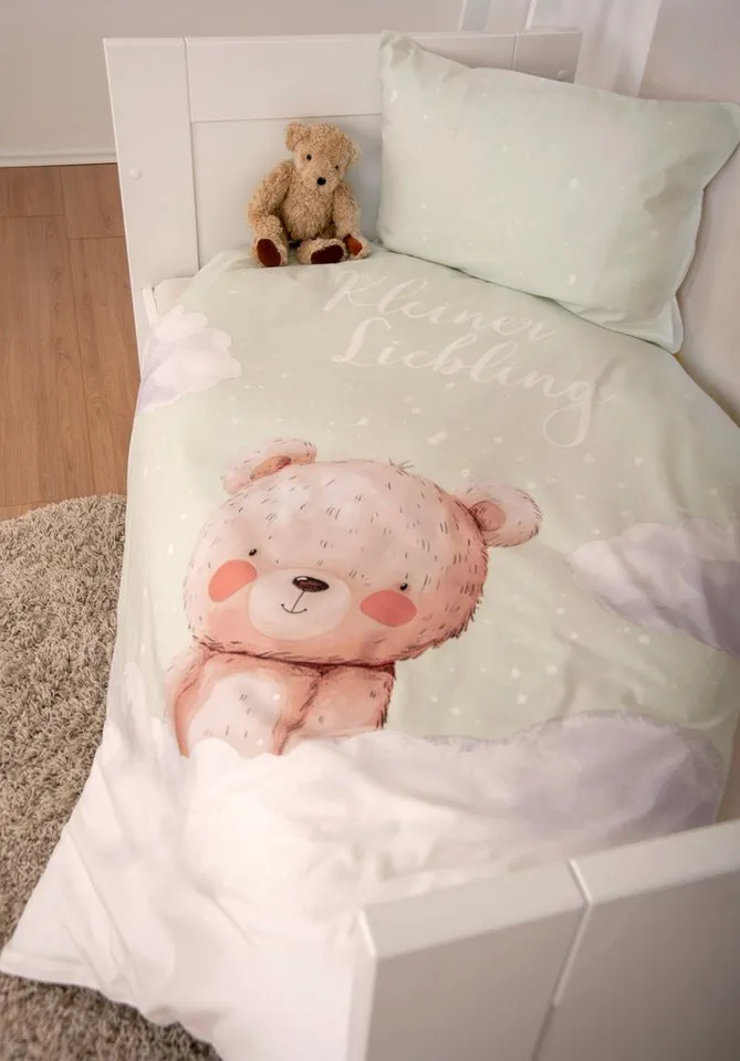 OTTO home Kinderbettwäsche Kleiner Liebling in Gr. 100x135 und 135x200 cm, Renforcé, 2 teilig, aus Baumwolle, mit niedlichem Bärenmotiv & Schriftzug, Babybettwäsche, Grün, – Produktbild 7 von 7