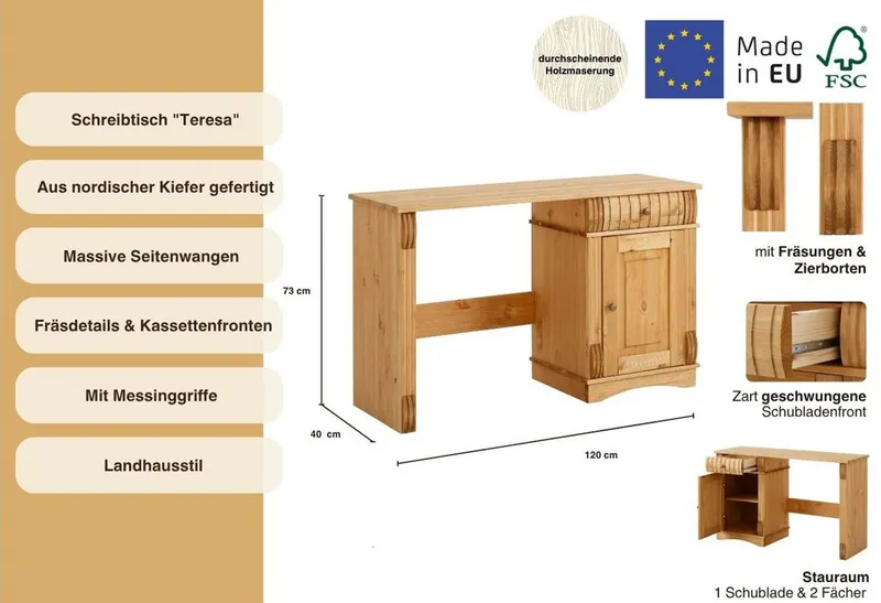 OTTO home Schreibtisch Teresa (Maße (B/T/H): 120/37/73 cm), Computertisch mit Schublade, Massivholz, Breite 120 cm, Beige, – Produktbild 3 von 4