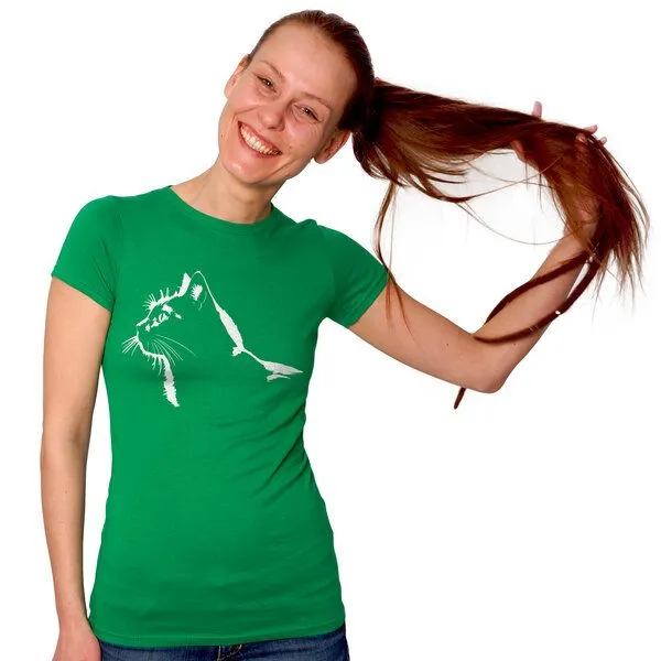HANDGEDRUCKT HANDGEDRUCKT "Stubentiger" Frauen-T-SHIRT von Earth Positiv Biobaumwolle, Kelly green, – Produktbild 1 von 3