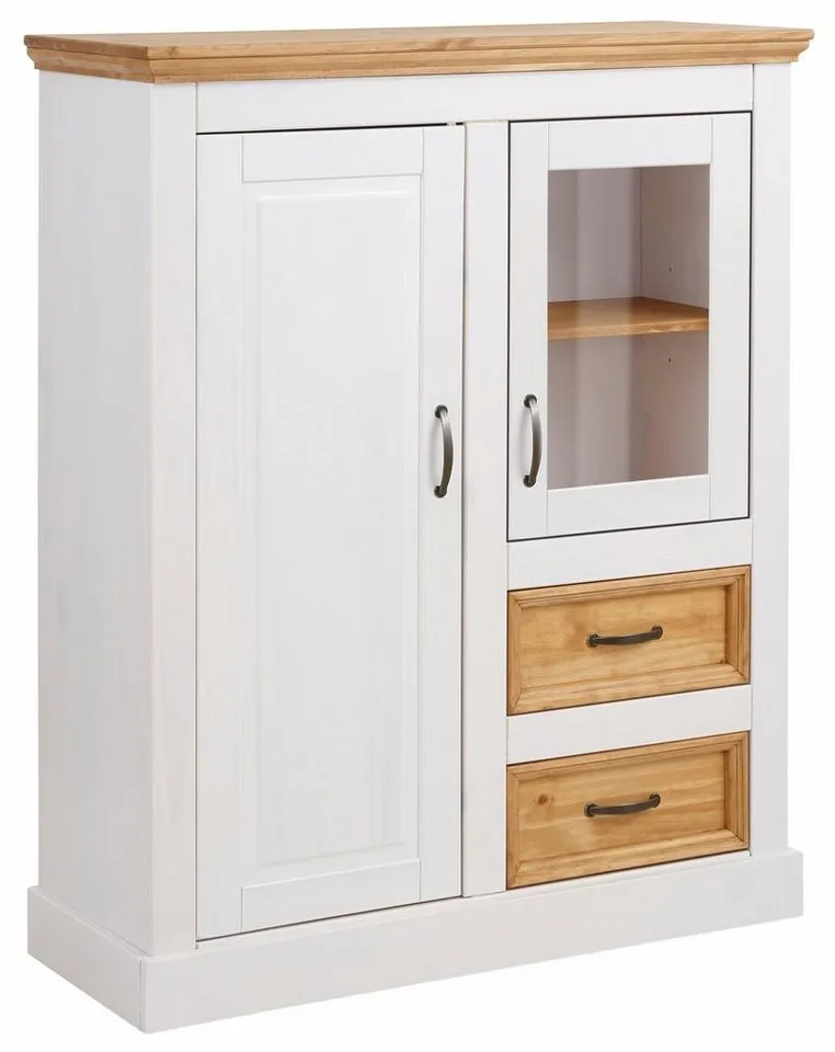 OTTO home Highboard Selma Vitrine mit 2 Türen, eine davon mit Glaseinsatz und 2 Schubläden, aus massivem Kiefernholz, mit einer natürliche Maserung, Metallgriffe, Weiß, – Produktbild 2 von 4