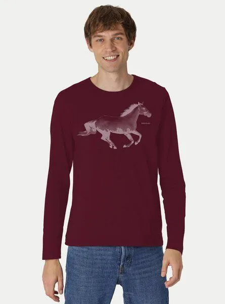 Peaces.bio - handbedruckte Biomode Peaces.bio - handbedruckte Biomode Bio-Herren-Langarmshirt Horsepower, Bordeaux, – Produktbild 1 von 2