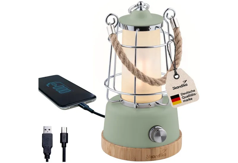 Skandika LED Gartenleuchte Campinglampe Kiruna aufladbar mit Powerbank 5000 mAh, USB, Retro Outdoor Lampe, stufenlos dimmbar, kabellos, 75h Leuchtzeit, Akku, Grün, – Produktbild 1 von 5