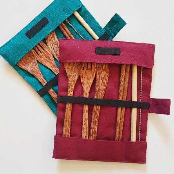 BAGHI BAGHI Reise Besteckset Coco/Bamboo 6-teilig in Bio-Baumwolltasche, Lila, – Produktbild 1 von 3