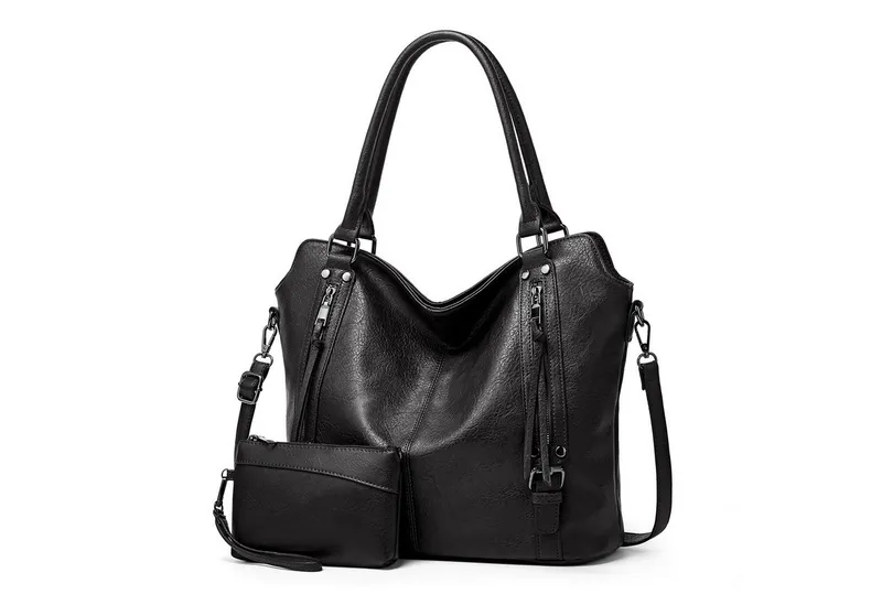 TANTOMI Handtasche Damen Schultertasche Groß Shopper Vegan Handtasche, Handtaschen Umhängetasche Geldbörse Damen Taschen 2-Tlg, Schwarz, – Produktbild 1 von 5