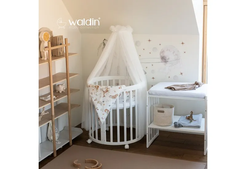 Waldin Waldin Babybett Oval 7in1 mitwachsend, Beistellbett, Matratze, Rollen, Weiß, – Produktbild 6 von 8