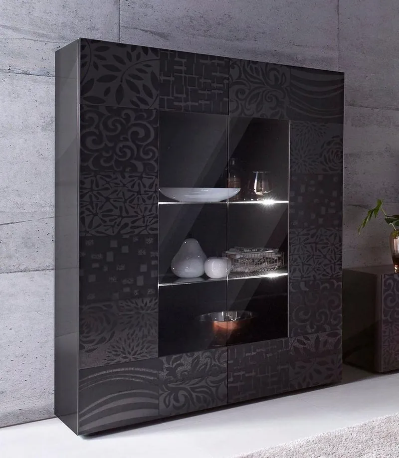 Home affaire Vitrine Miro Stauraumvitrine, Höhe 166 cm mit dekorativem Siebdruck, Grau, – Produktbild 1 von 5