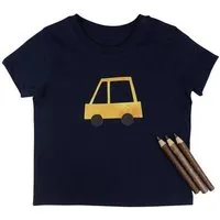 MelaDi Meladi Kinder Baby-Shirt aus Biobaumwolle - Gelbes Auto auf Navy Blau – Produktbild 1 von 1
