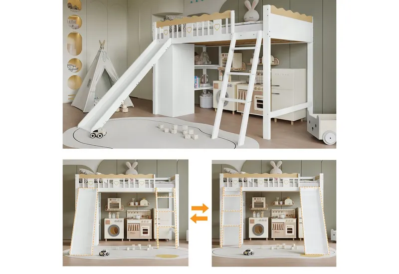 Merax Hochbett mit vierseitigem Muster-Zaun (Etagenbett Jugendbett Einzelbett Kieferholzbett, 1-St) Kinderbett 90x200cm mit Kleiderschrank Rutsche Ablageschrank Leiter, Weiß, – Produktbild 4 von 4