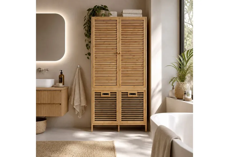 MCW Hochschrank MCW-N83-T Mit Ablagefächern und zwei Wäschekörben, Grau, – Produktbild 5 von 5
