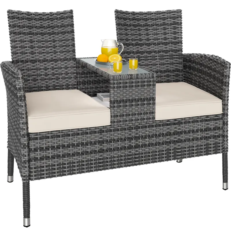 Casaria® Polyrattan Kino Bank Grau/Beige 145x58x87cm, Grau, – Produktbild 1 von 2