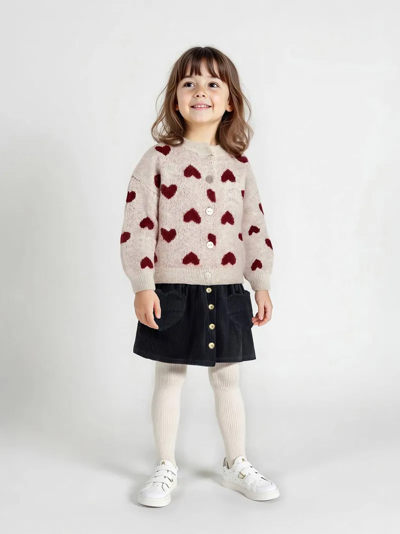 Vertbaudet Vertbaudet Mädchen Cardigan mit Jacquard-Herzen 42% Recycling-Polyester GRS-zertifiziert, Beige golden, – Produktbild 4 von 4