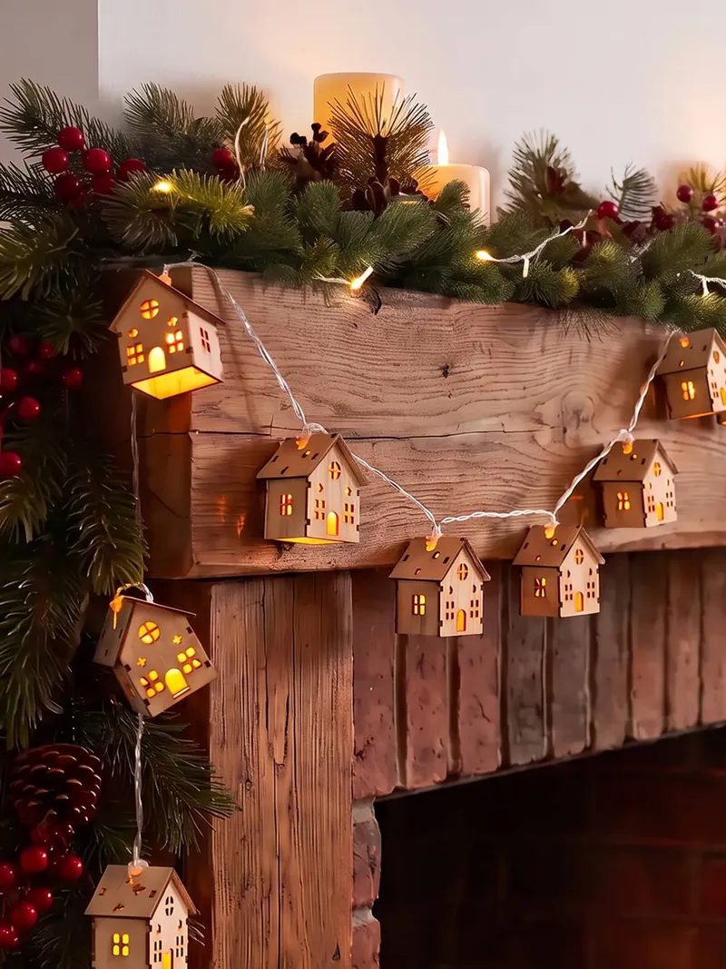 Vertbaudet Lichterkette mit 15 LED-Häusern aus Holz Kinderzimmer, Beige, – Produktbild 1 von 3