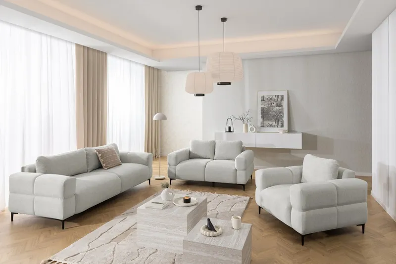 S-Style Möbel Polstergarnitur 3+2+1 Cardea in Bubble-Optik aus weichem Strukturstoff, mit Wellenfederung und hohem Sitzkomfort, Grau, – Produktbild 2 von 5