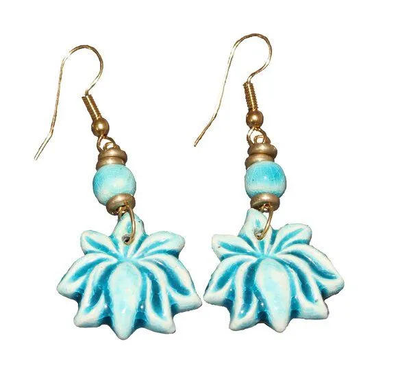 Schönes aus Indochina Schönes aus Indochina Schmuck Ohrringe aus Keramik Lotus, Blume und Fächer, Türkis, – Produktbild 1 von 5