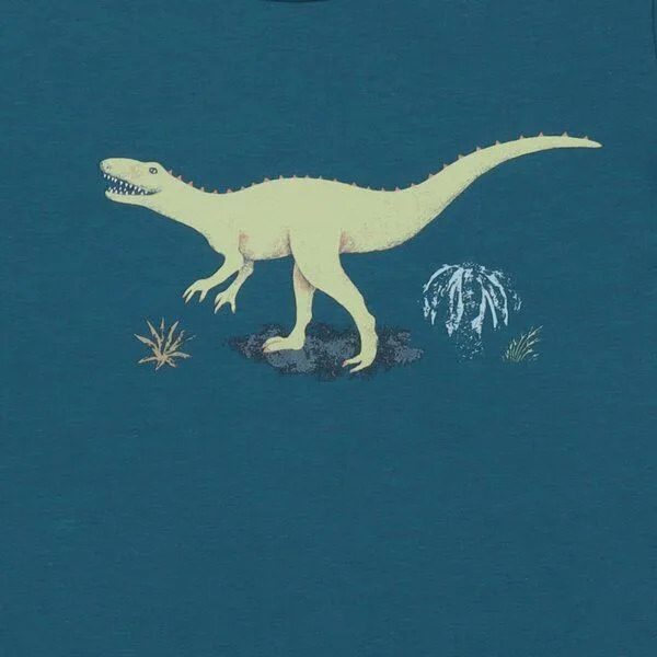 Walkiddy Kinder T-Shirt GOTS-zertifiziert aus Bio-Baumwolle, petrolblau mit laufendem Dinosaurier-Motiv, kurzarm – Walkiddy, weich & hautfreundlich, Blau, – Produktbild 2 von 3
