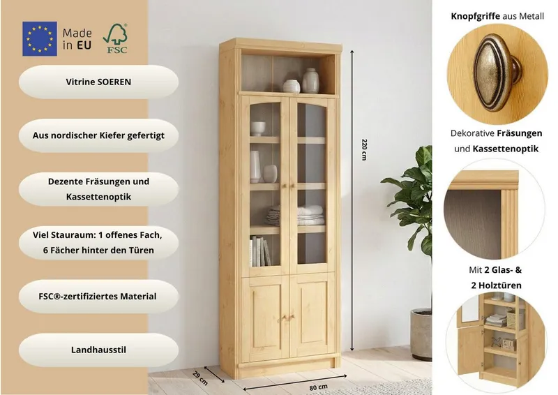 OTTO home Vitrine Soeren Regal mit 2 Glastüren und 2 Holztüren, B/TH: 80/29/220 cm Kiefer FSC®-zertifiziert, 1 offenes Fach, 6 Fächer hinter den Türen, Beige, – Produktbild 3 von 5