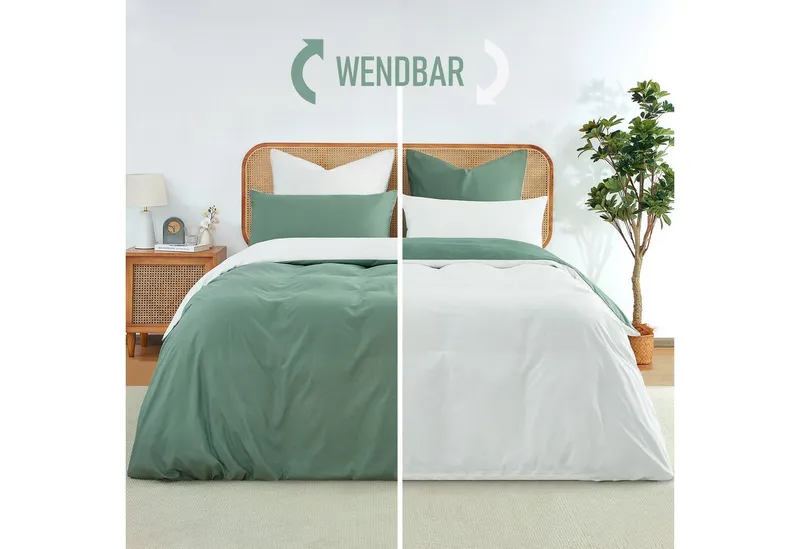 Topfinel Bettwäsche 135x200cm 4 teilig winterbettwäsche mit reißverschluss bügelfrei wärm, satin, 2 teilig, kühlende bettwäsche 135 x 200 Salbeigrün Weiß wendebettwäsche boho, Grün, – Produktbild 2 von 5