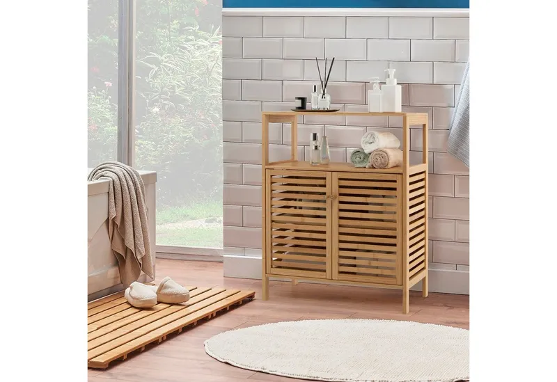 COSTWAY COSTWAY Badkommode, Bambus,abnehmbares Regal,Lamellentüren, 64x27,5x80cm, Beige, – Produktbild 2 von 5